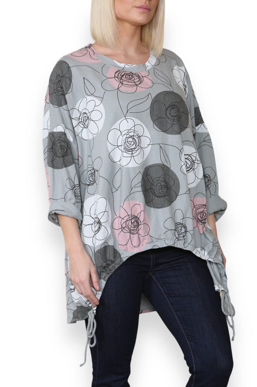 FLOWER SKETCH PRINT COTTON SWEATSHIRT TOP KHAKI