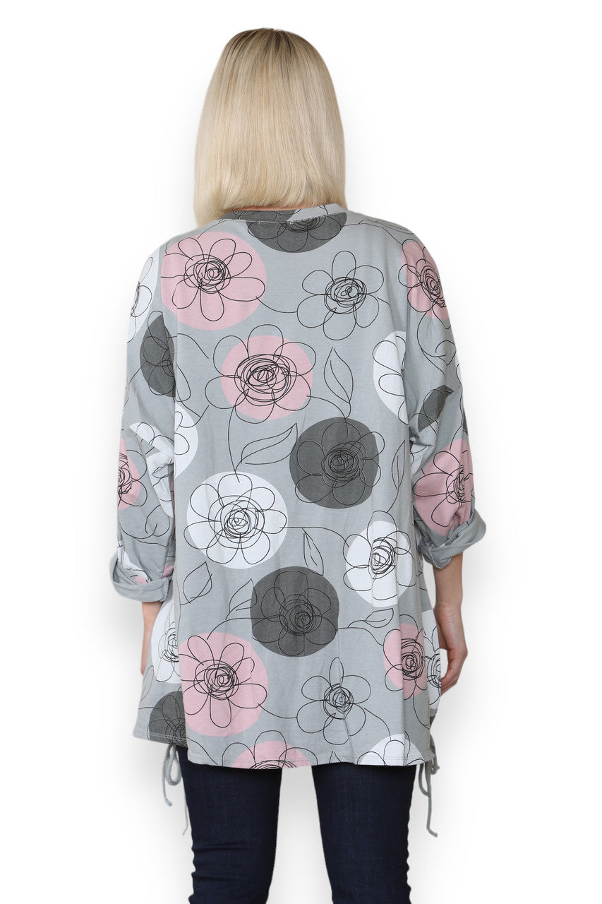 FLOWER SKETCH PRINT COTTON SWEATSHIRT TOP KHAKI