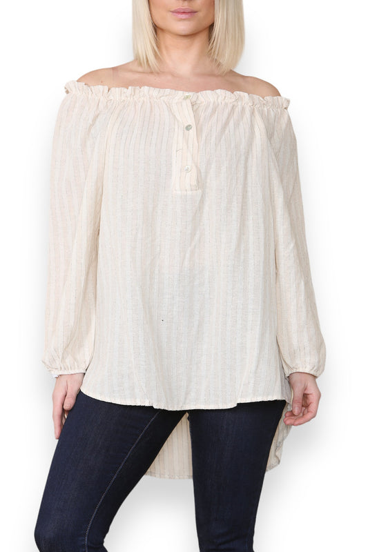 GESTREEPTE BARDOT OFF-SHOULDER TOP STEENKLEURIG