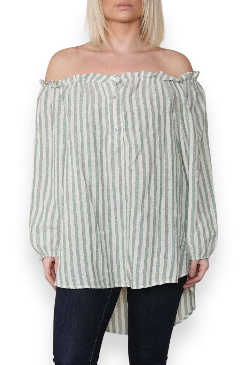 STRIPE BARDOT GYPSY TOP KHAKI