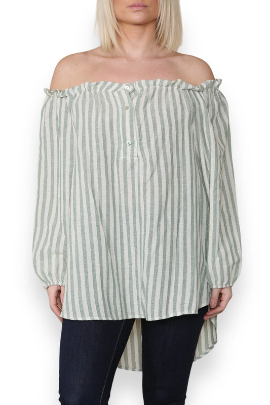 GESTREEPTE BARDOT OFF-SHOULDER TOP KAKI