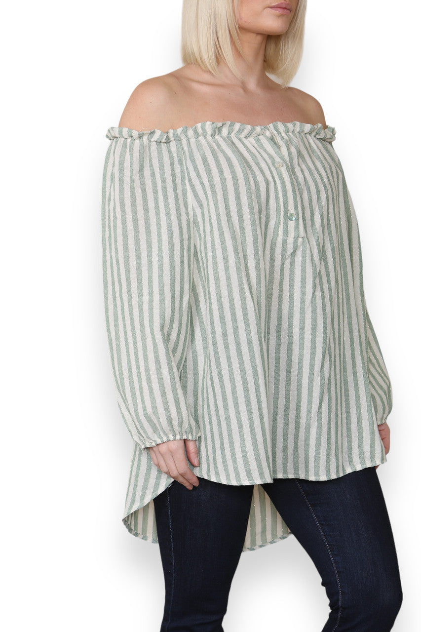 STRIPE BARDOT GYPSY TOP KHAKI