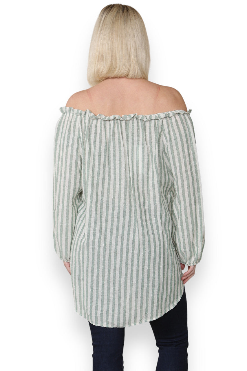 STRIPE BARDOT GYPSY TOP KHAKI