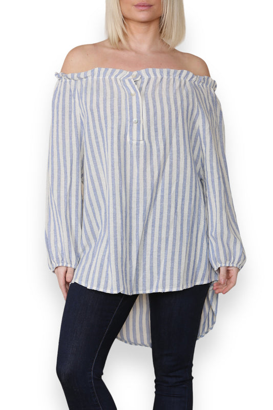 GESTREEPTE BARDOT OFF-SHOULDER TOP DENIM