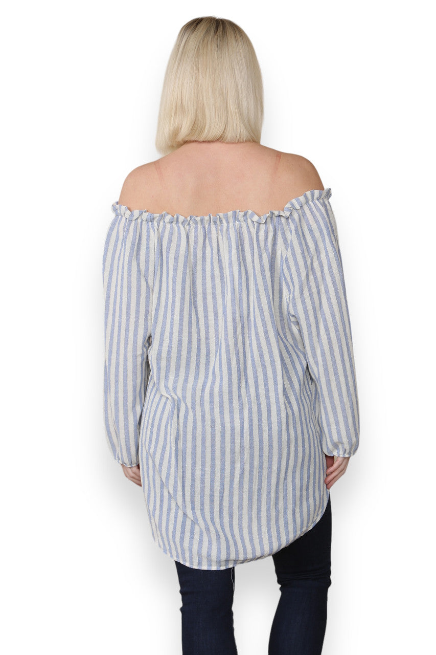 STRIPE BARDOT GYPSY TOP DENIM