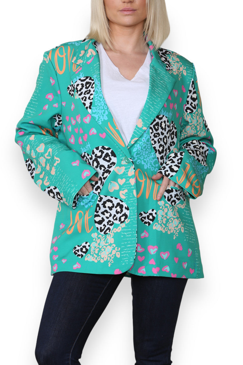 MIX LEOPARD HEART PRINT FULLY LINED BLAZER GREEN