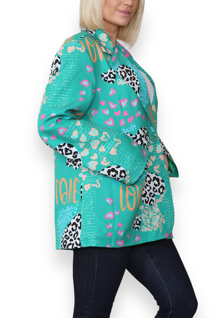 MIX LEOPARD HEART PRINT FULLY LINED BLAZER GREEN