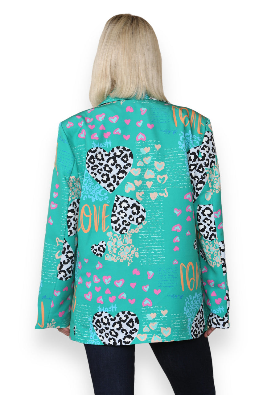 MIX LEOPARD HEART PRINT FULLY LINED BLAZER GREEN