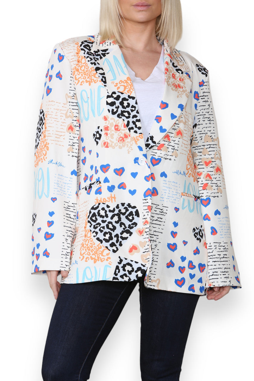 MIX LEOPARD HEART PRINT FULLY LINED BLAZER WHITE