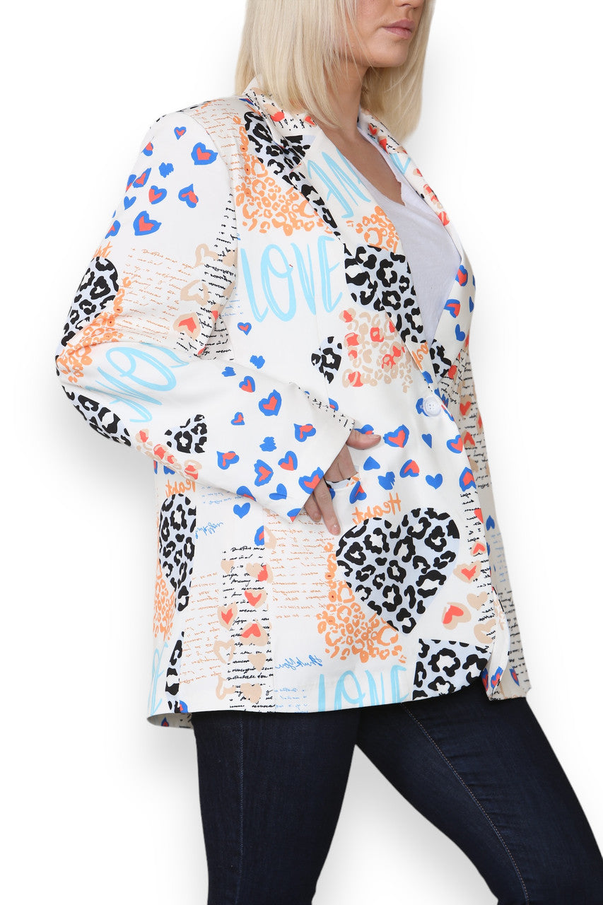 MIX LEOPARD HEART PRINT FULLY LINED BLAZER WHITE