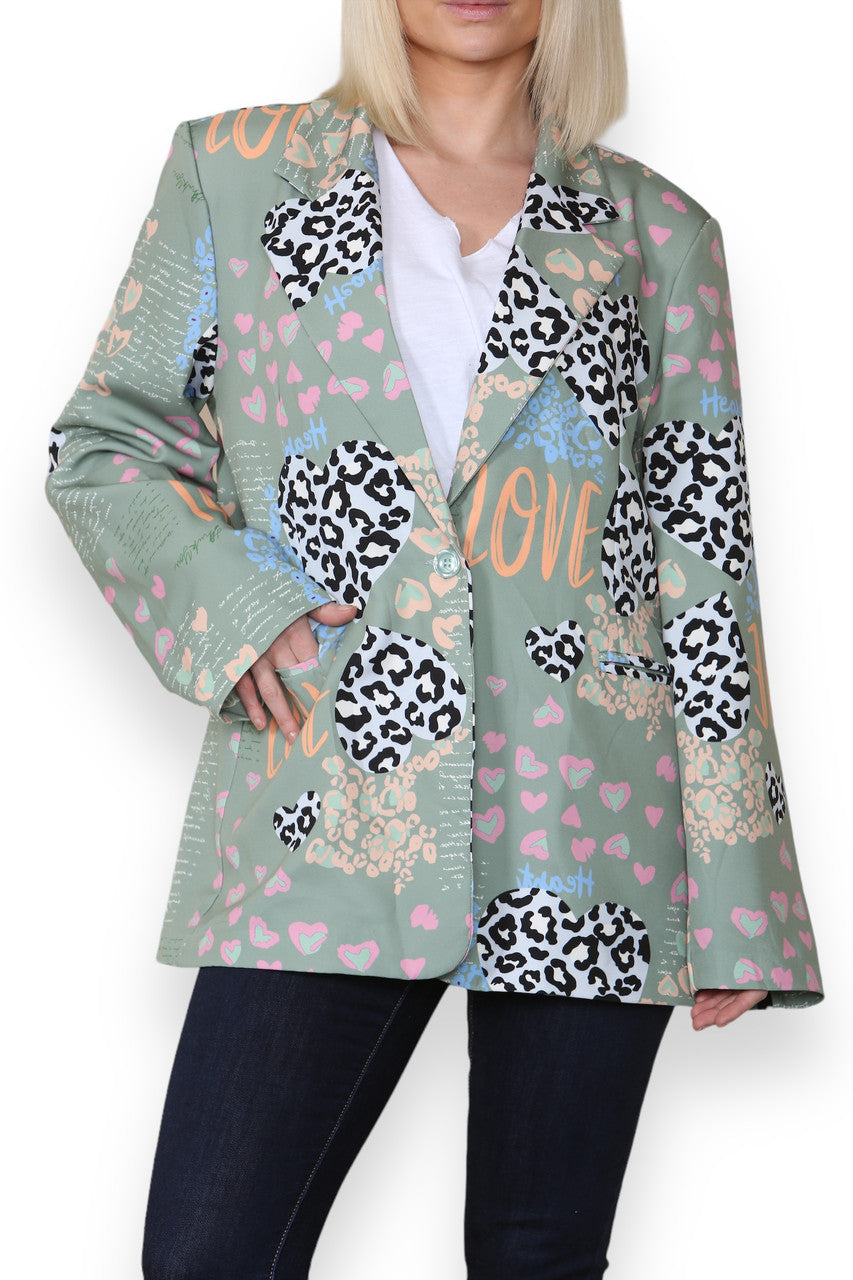 MIX LEOPARD HEART PRINT FULLY LINED BLAZER KHAKI