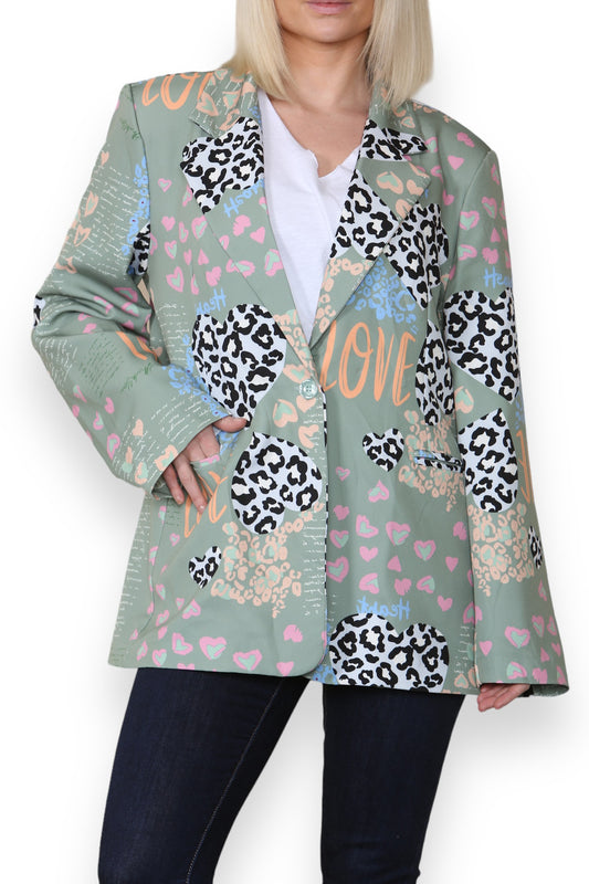 MIX LEOPARD HART PRINT VOLLEDIG GEVOERDE BLAZER KHAKI