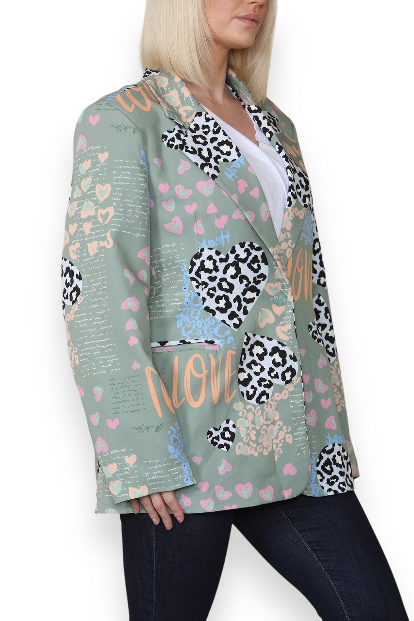 MIX LEOPARD HEART PRINT FULLY LINED BLAZER KHAKI