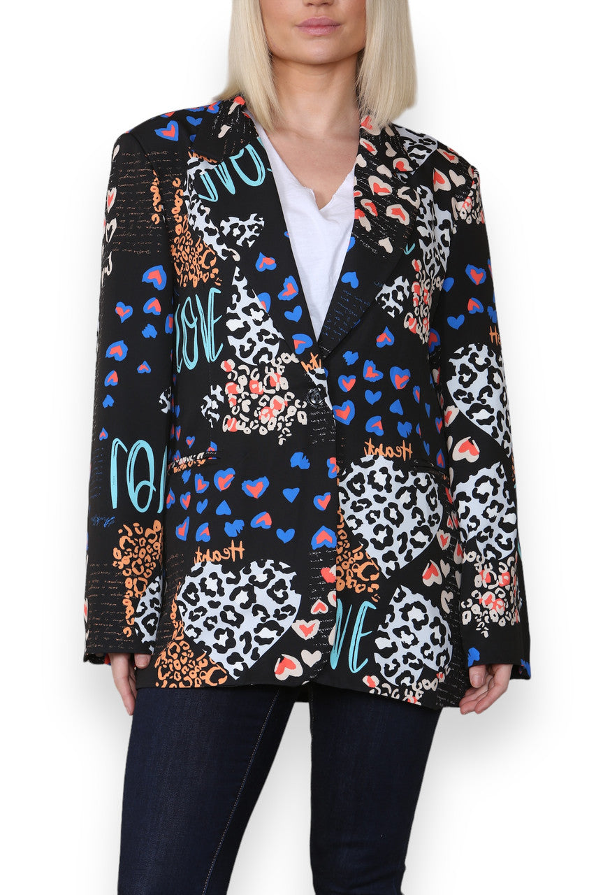 MIX LEOPARD HEART PRINT FULLY LINED BLAZER BLACK