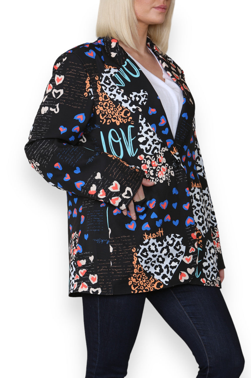 MIX LEOPARD HEART PRINT FULLY LINED BLAZER BLACK