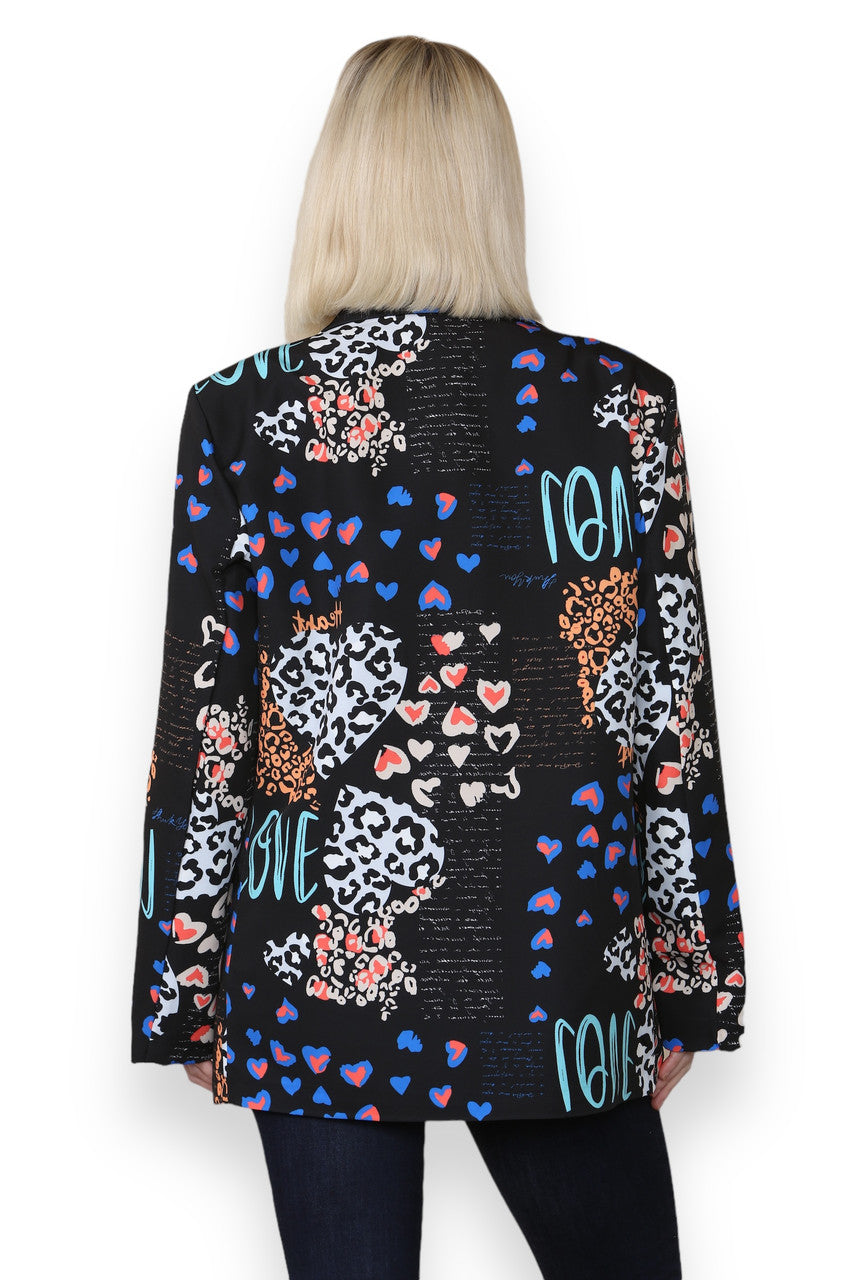 MIX LEOPARD HEART PRINT FULLY LINED BLAZER BLACK