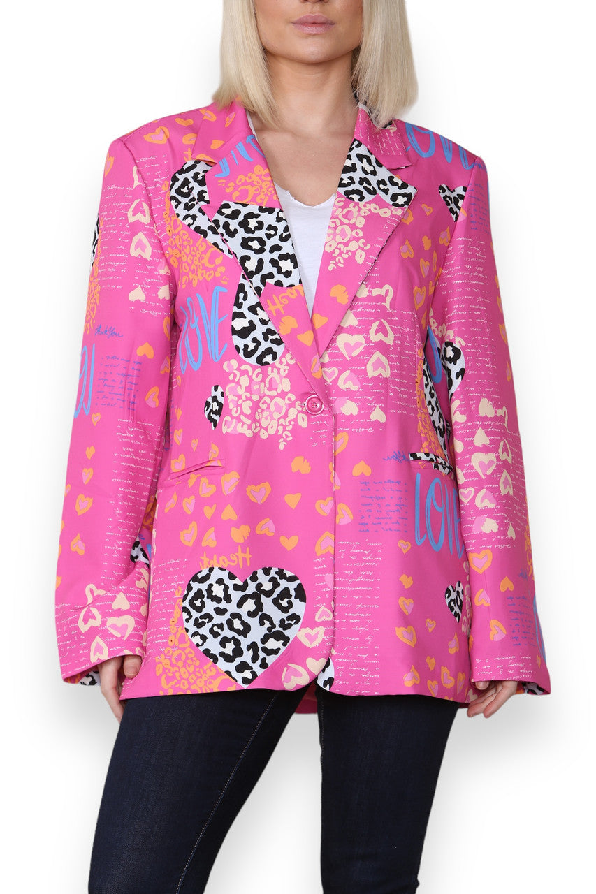 MIX LEOPARD HEART PRINT FULLY LINED BLAZER CERISE