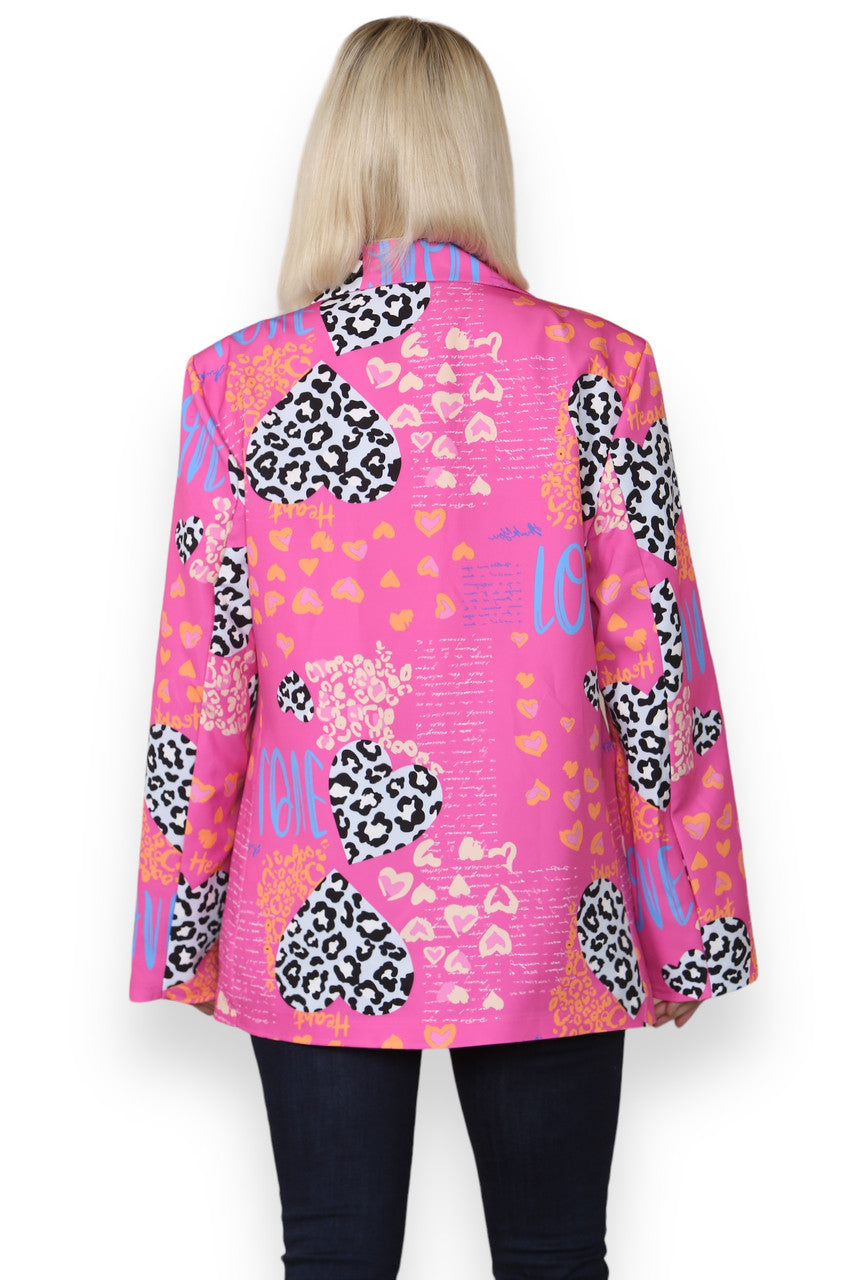 MIX LEOPARD HEART PRINT FULLY LINED BLAZER CERISE