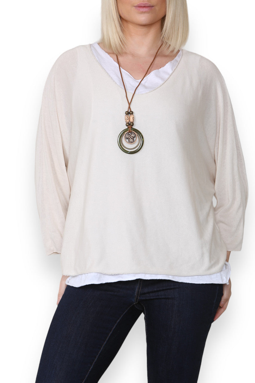EFFEN TWEE-LAAGS TOP MET KETTING - STEEN