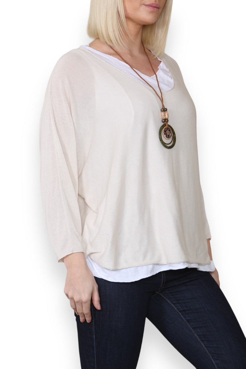 EFFEN TWEE-LAAGS TOP MET KETTING - STEEN