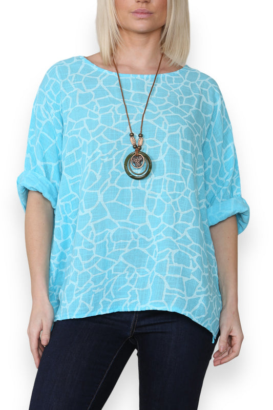 CRACK EFFECT PRINT TOP TURQUOISE