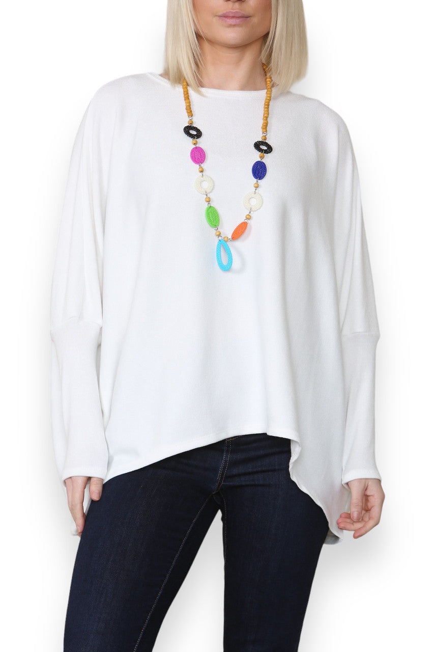 PLAIN FINE KNIT TOP WITH CHUNKY NECKLACE WHITE