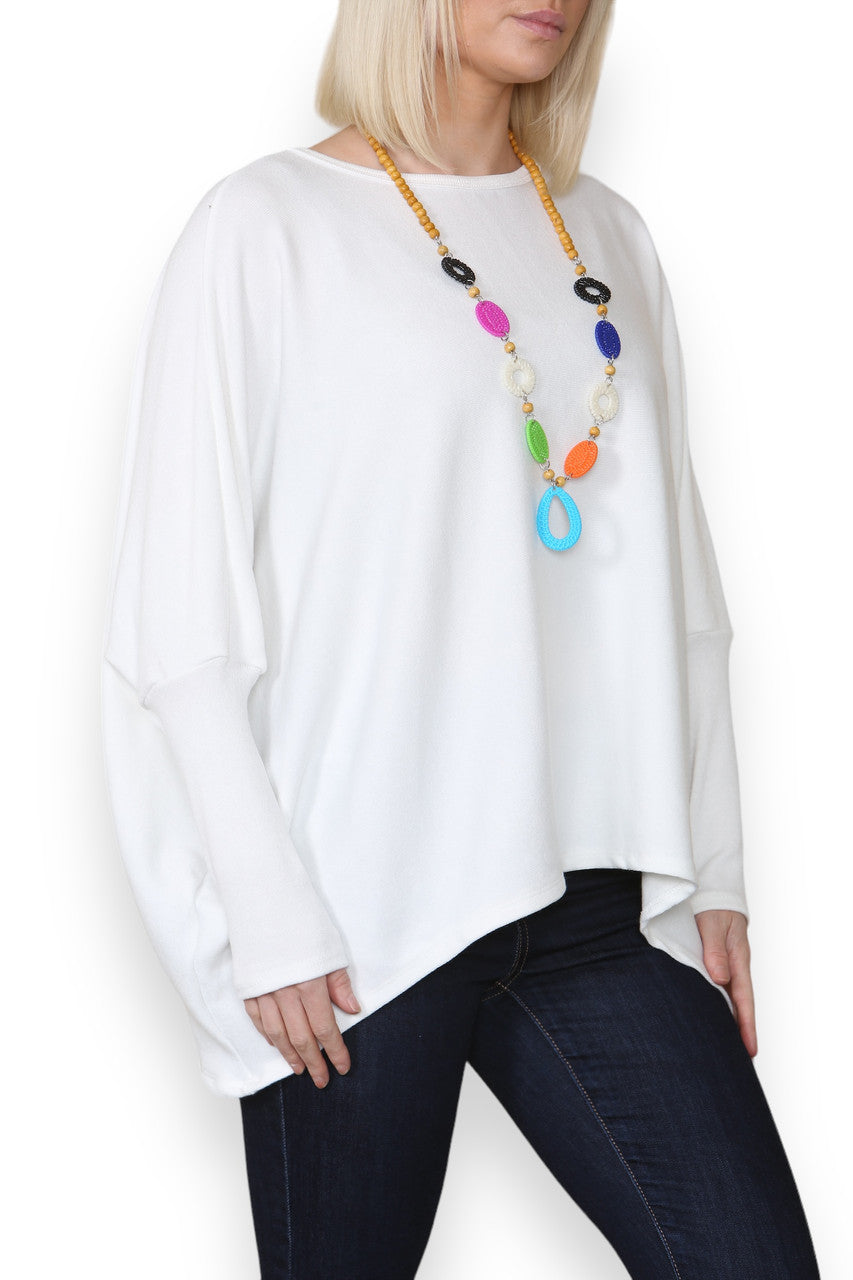 PLAIN FINE KNIT TOP WITH CHUNKY NECKLACE WHITE