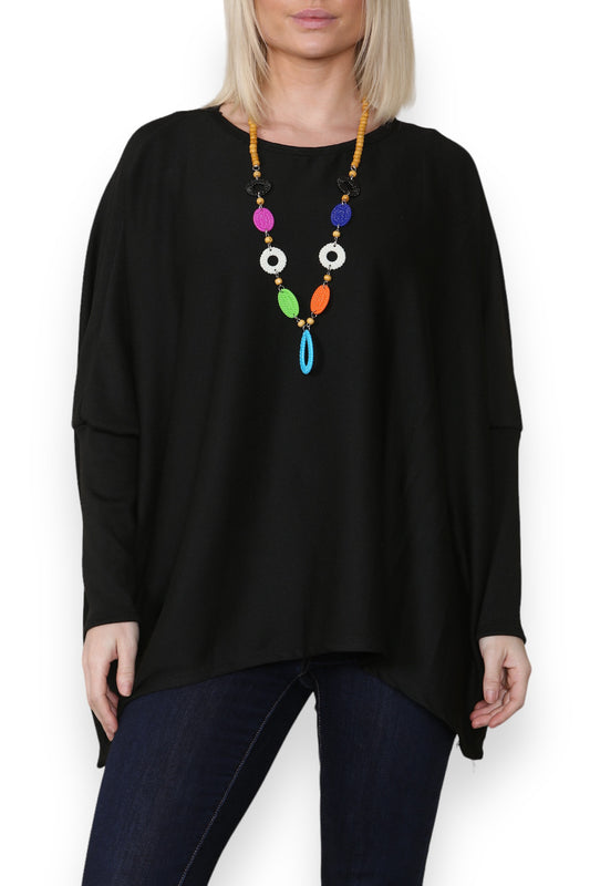 PLAIN FINE KNIT TOP WITH CHUNKY NECKLACE BLACK