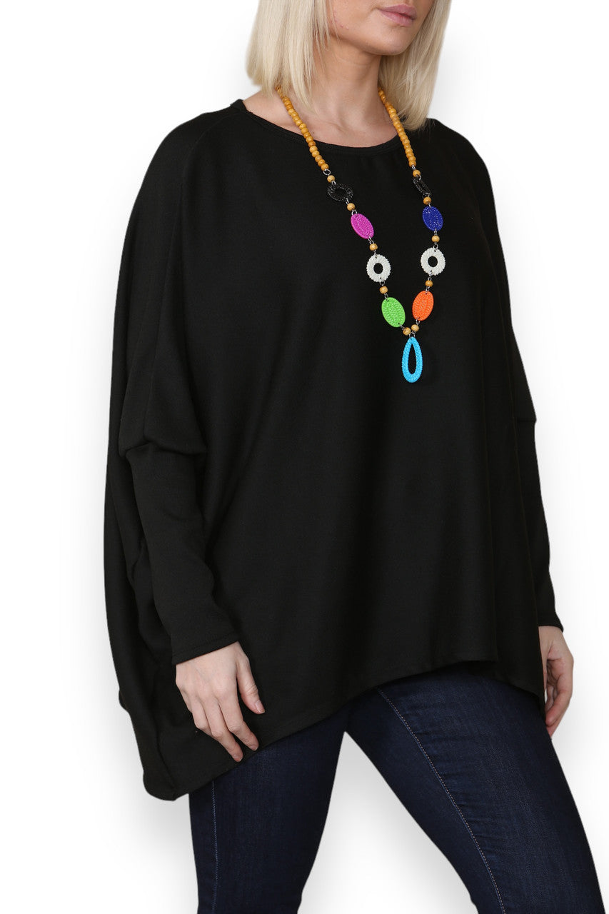PLAIN FINE KNIT TOP WITH CHUNKY NECKLACE BLACK
