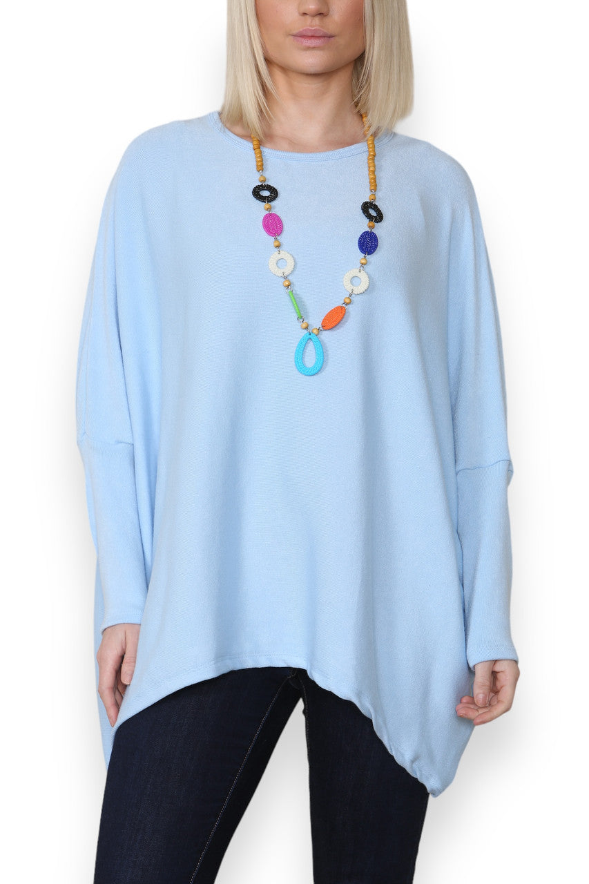 PLAIN FINE KNIT TOP WITH CHUNKY NECKLACE LIGHT BLUE
