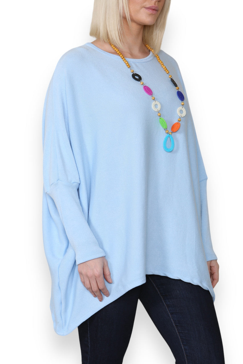 PLAIN FINE KNIT TOP WITH CHUNKY NECKLACE LIGHT BLUE