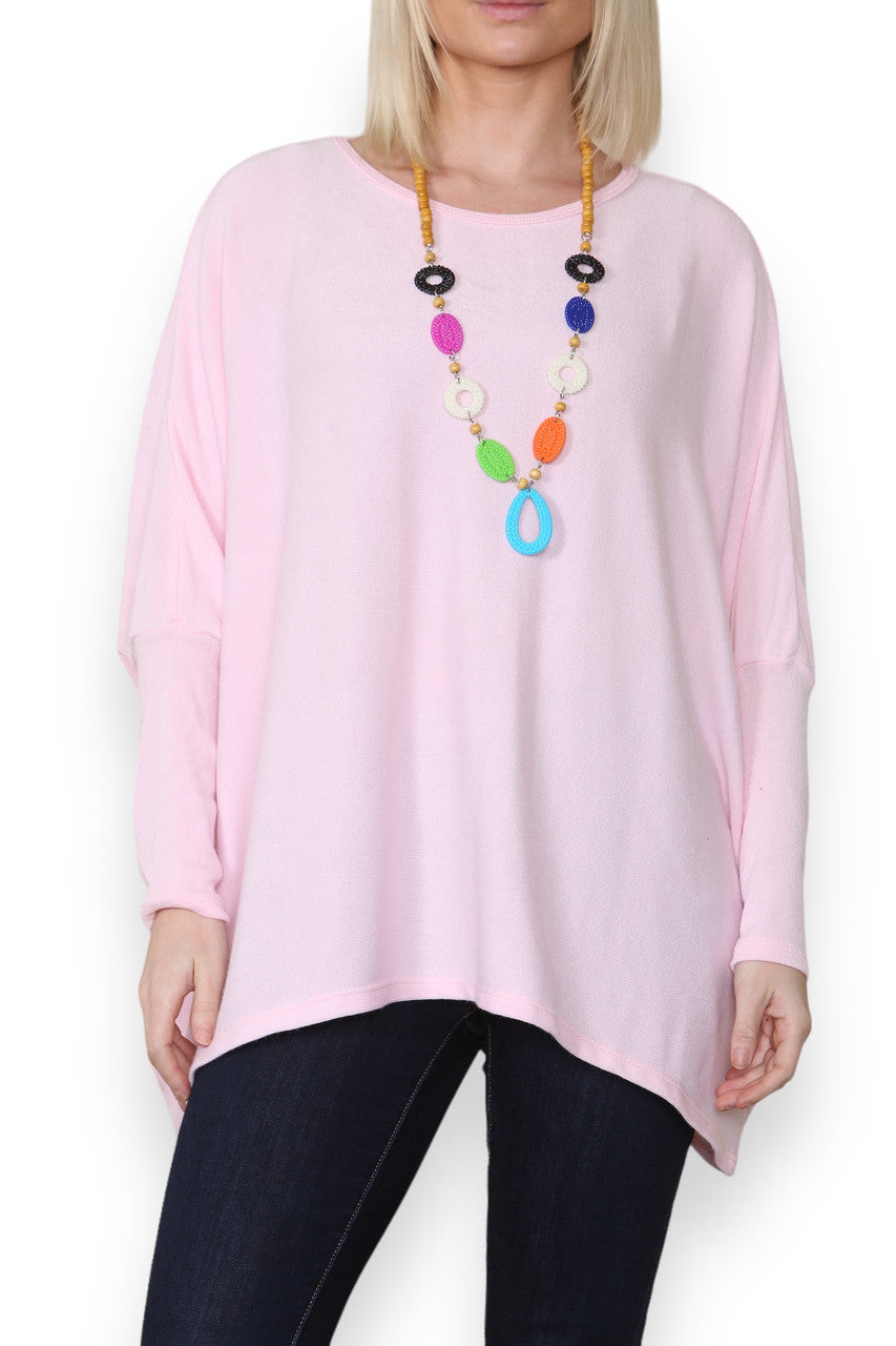 PLAIN FINE KNIT TOP WITH CHUNKY NECKLACE PINK