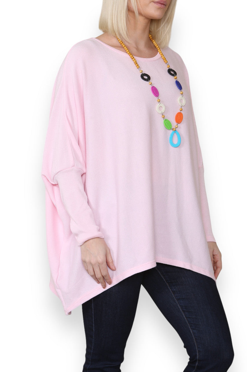 PLAIN FINE KNIT TOP WITH CHUNKY NECKLACE PINK