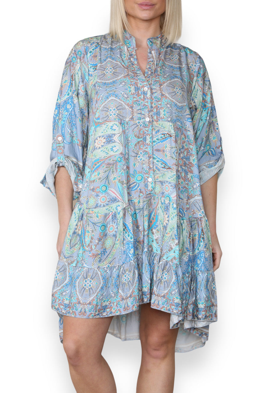 PAISLEY FLORAL PRINT SHIRT DRESS LIGHT BLUE