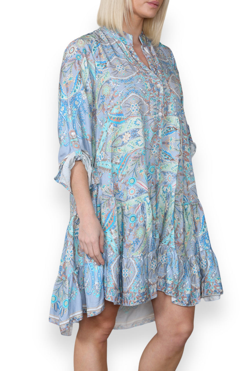 PAISLEY FLORAL PRINT SHIRT DRESS LIGHT BLUE