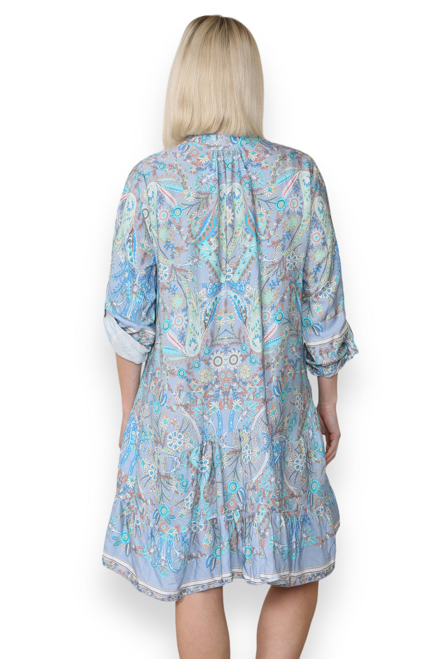 PAISLEY FLORAL PRINT SHIRT DRESS LIGHT BLUE