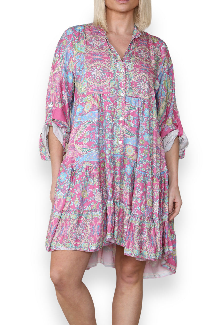 PAISLEY FLORAL PRINT SHIRT DRESS CERISE