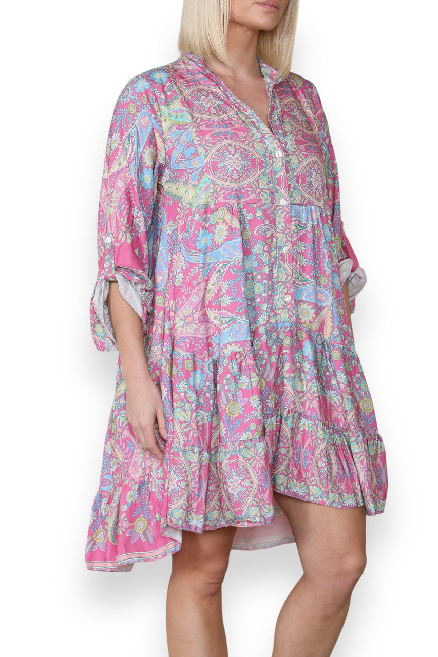 PAISLEY FLORAL PRINT SHIRT DRESS CERISE