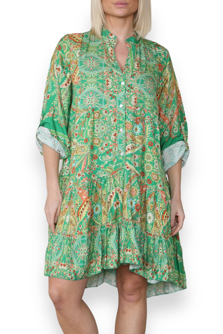 PAISLEY FLORAL PRINT SHIRT DRESS GREEN