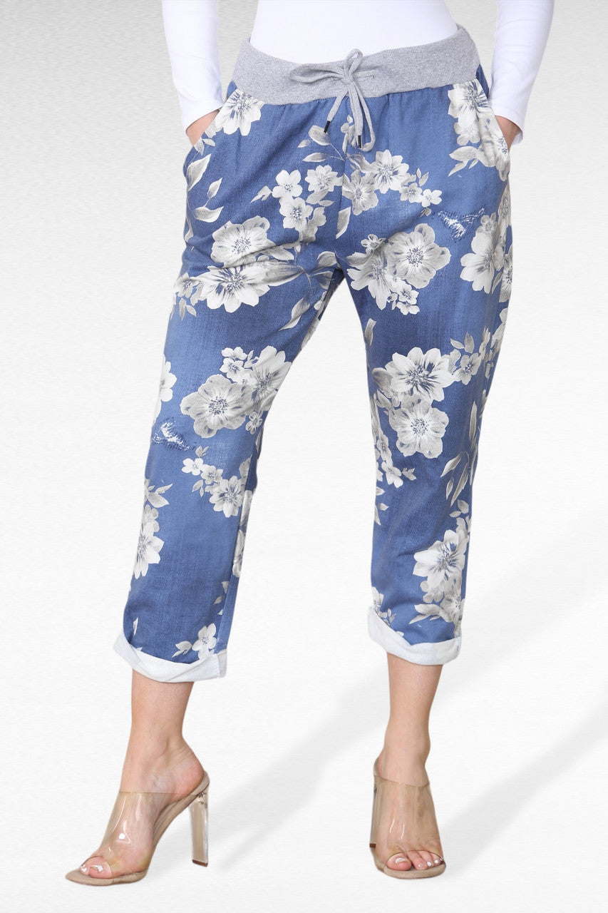 JOGGINGBROEK MET BLOEMENPARELTJESPRINT - DENIM
