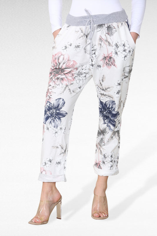 JOGGINGBROEK MET BLOEMENPRINT - WIT