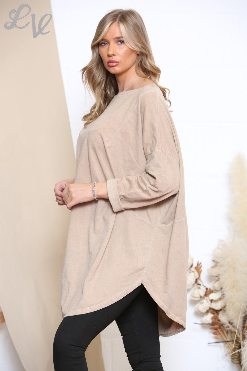 Ladies Slouched Washed Style Tunic Top Tan