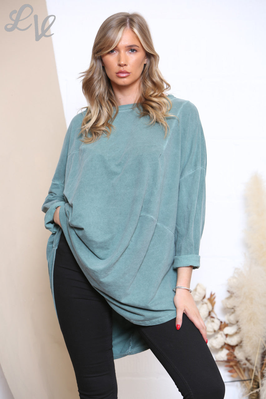 Ladies Slouched Washed Style Tunic Top Green
