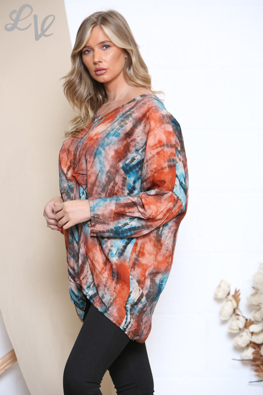 Ladies Gather Front Tie Dye Print Top Orange
