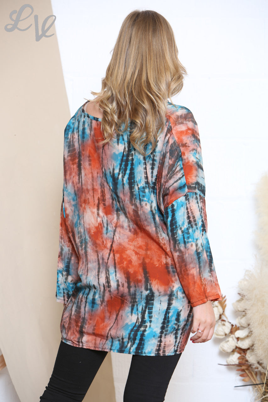 Ladies Gather Front Tie Dye Print Top Orange