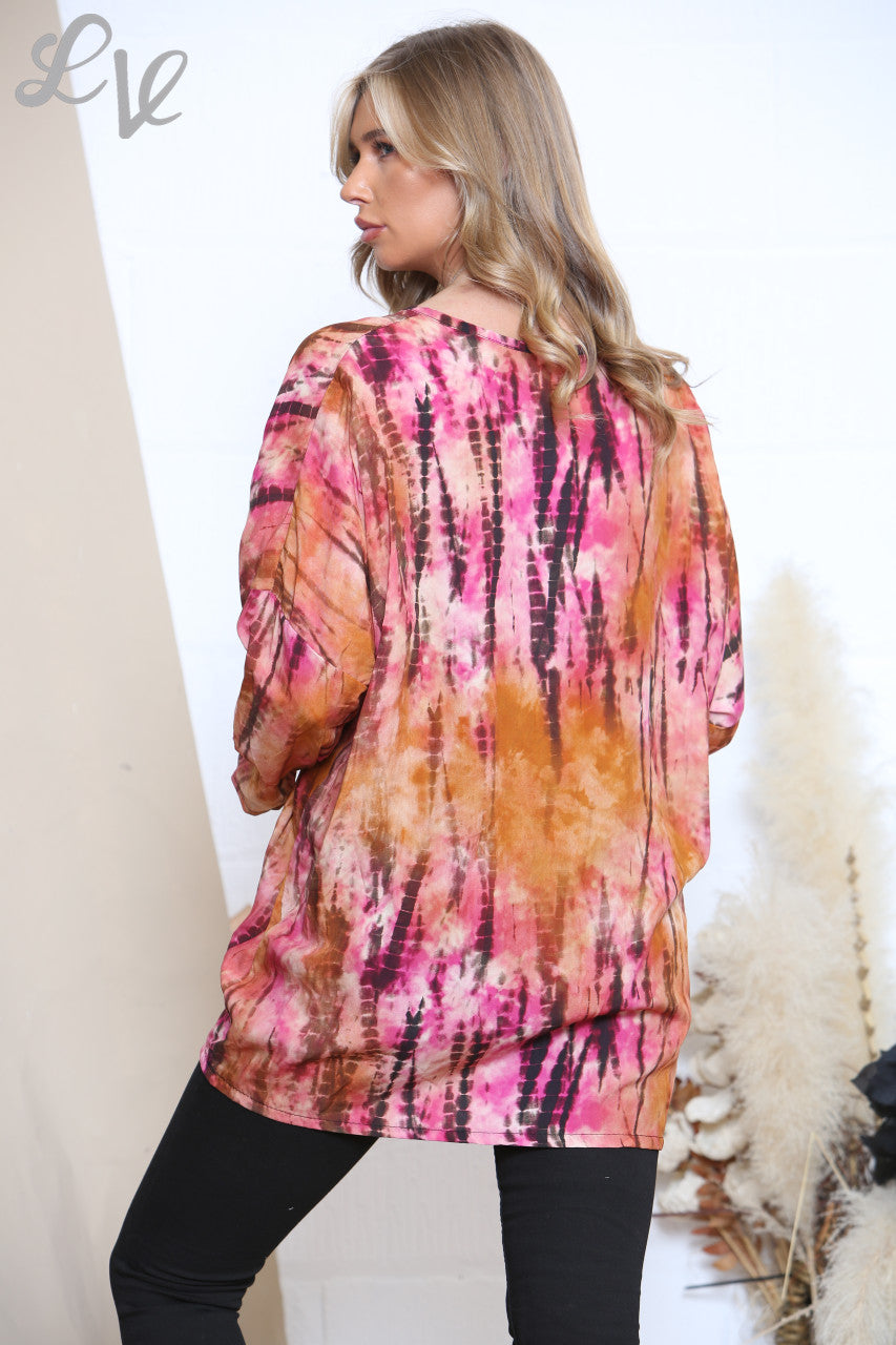 Ladies Gather Front Tie Dye Print Top Cerise