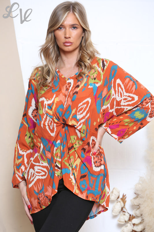 Dames Gathering Top met Abstracte Print Oranje