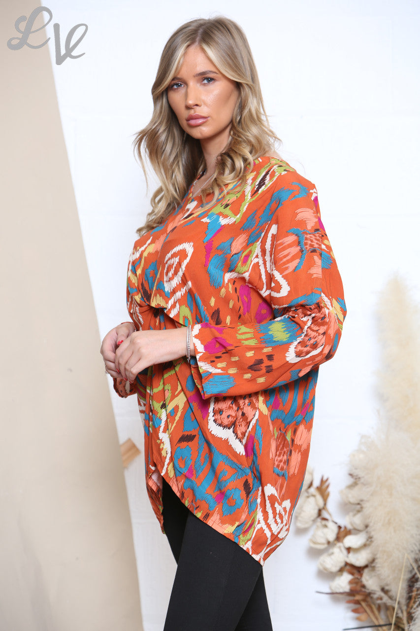 Dames Gathering Top met Abstracte Print Oranje