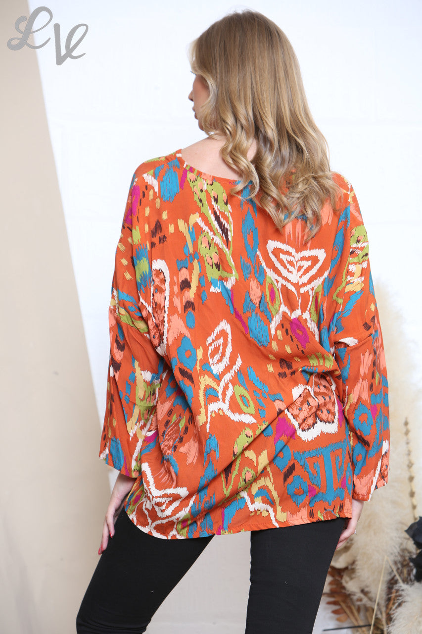 Dames Gathering Top met Abstracte Print Oranje