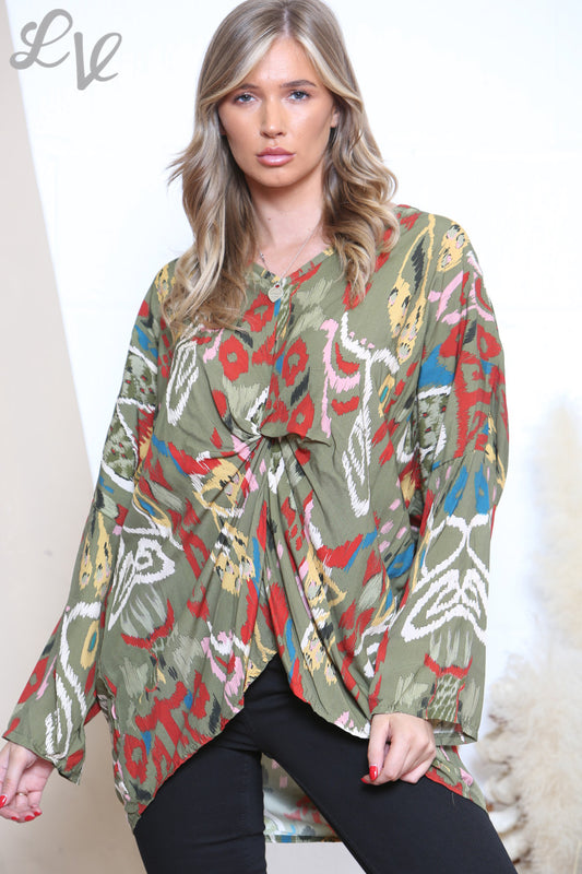 Dames Top Met Abstracte Print Khaki